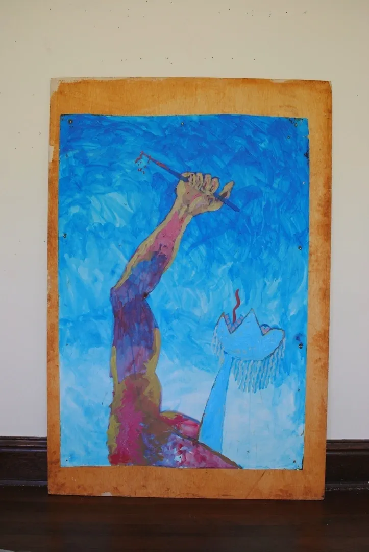 A painting of a person holding a knife in the air.